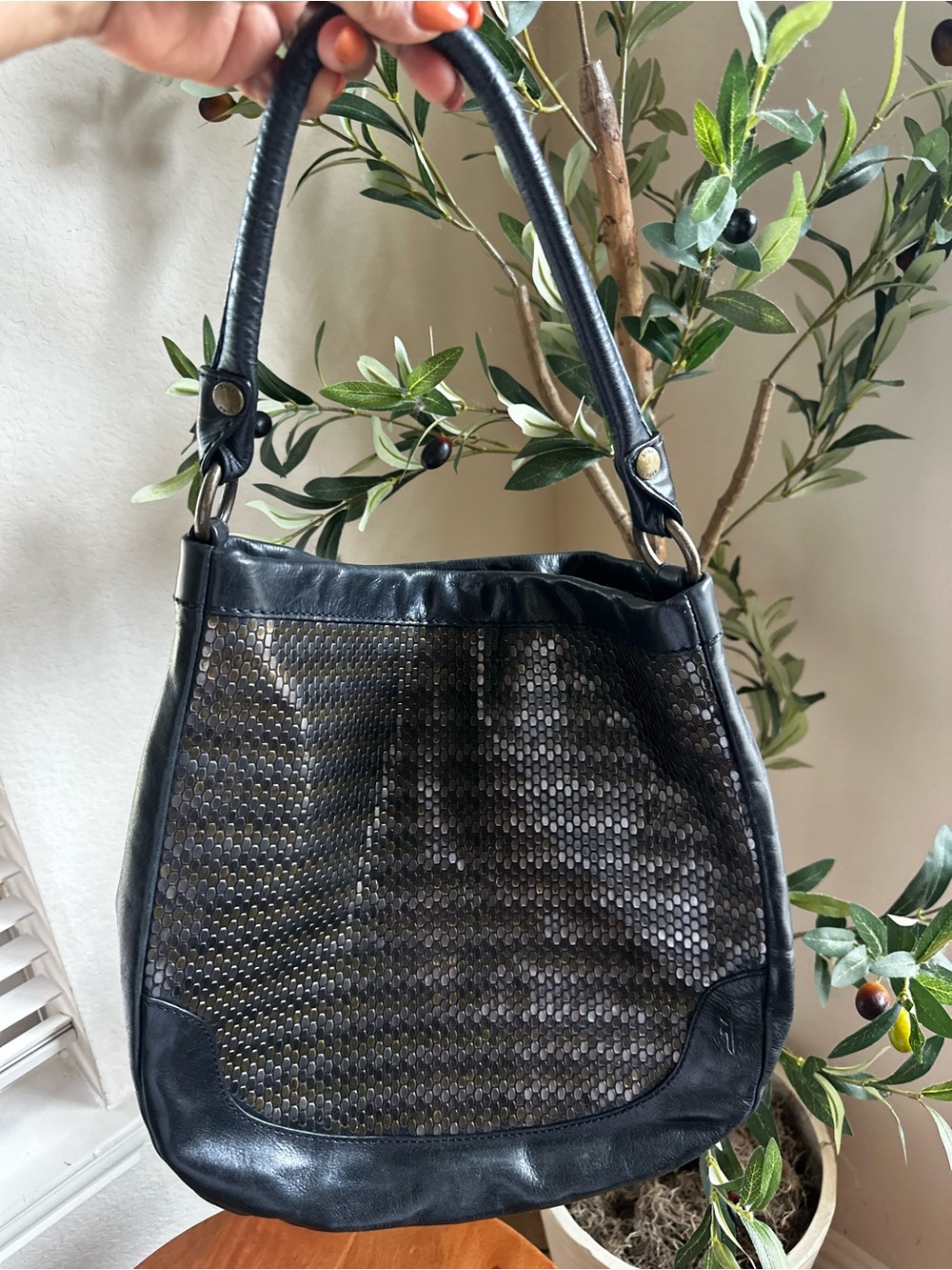Frye Black Leather Shoulder Bag with Metallic Mesh Front
